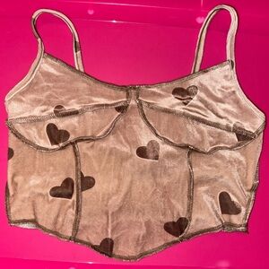 Brown Heart Patterned Velvety Crop Top